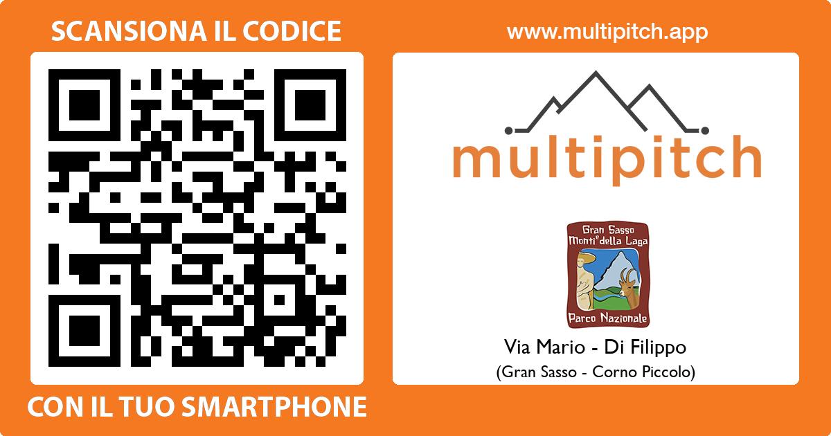 La via “Mario-Di FIlippo” è una via logica bellissima, che segue una serie ideale di fessure su roccia compatta sul lato sinistro della parete. Particolarmente belli i due tiri centrali per un diedro-lama regolare, di sicura soddisfazione e divertimento.  I due apritori portarono a termine la salita